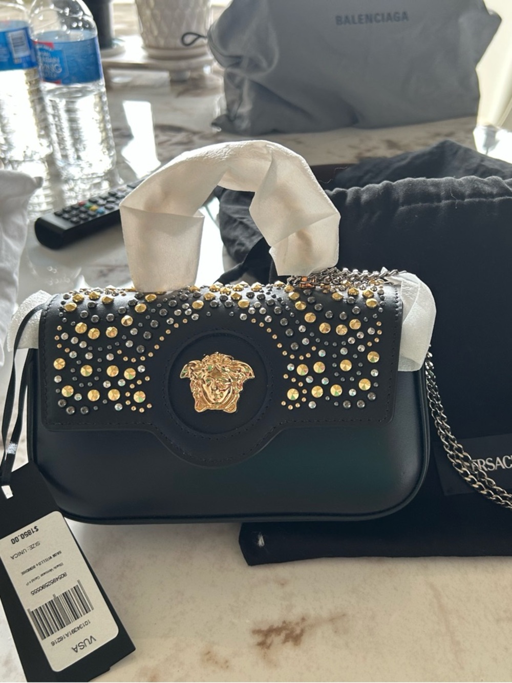 Versace Black Studded Medusa Crossbody Bag with Gold Accents